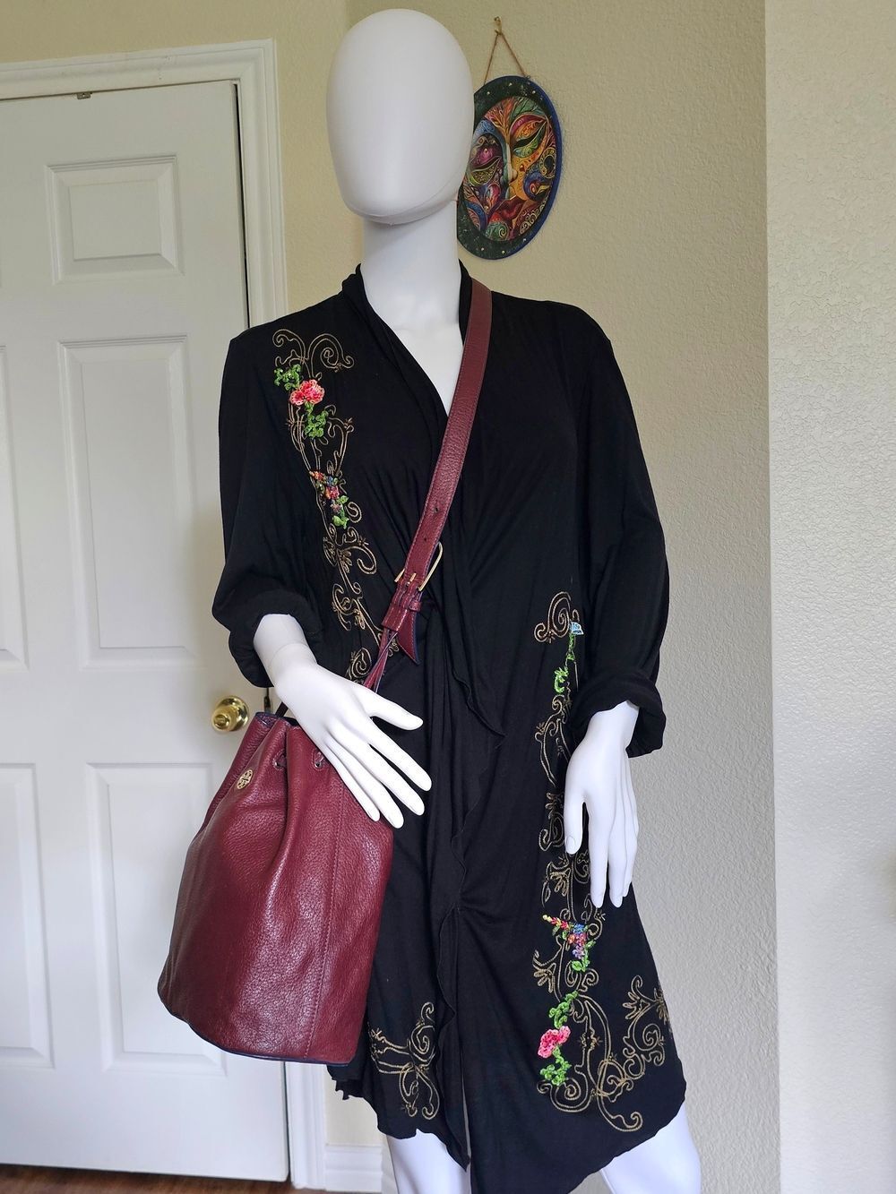 Tory Burch Maroon Leather Drawstring Bucket Bag